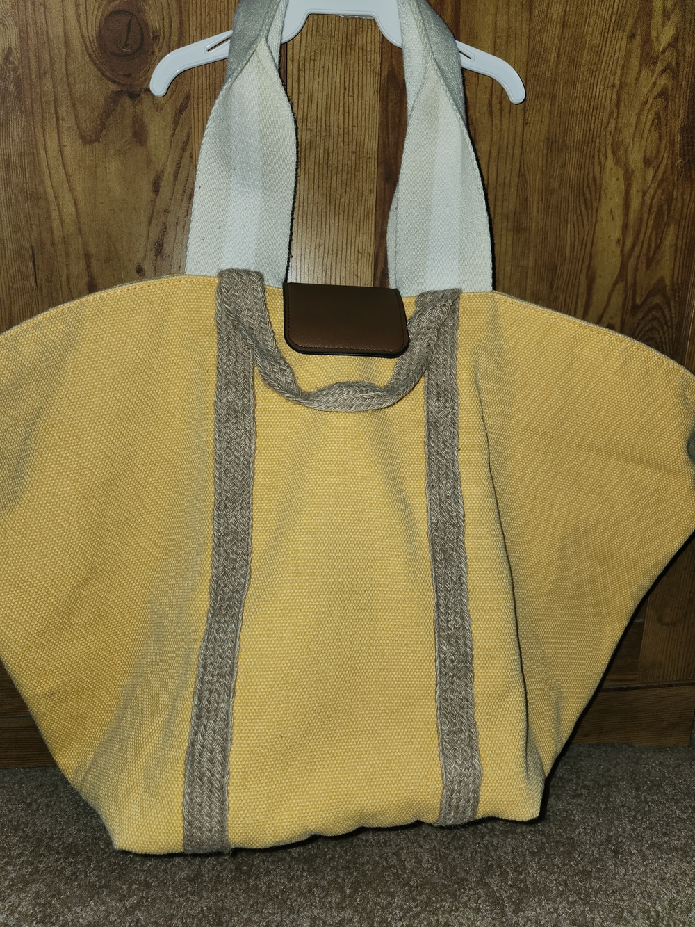 Beach Bag Yellow Canvas Tote with Cream Straps and Tan Rope Trim